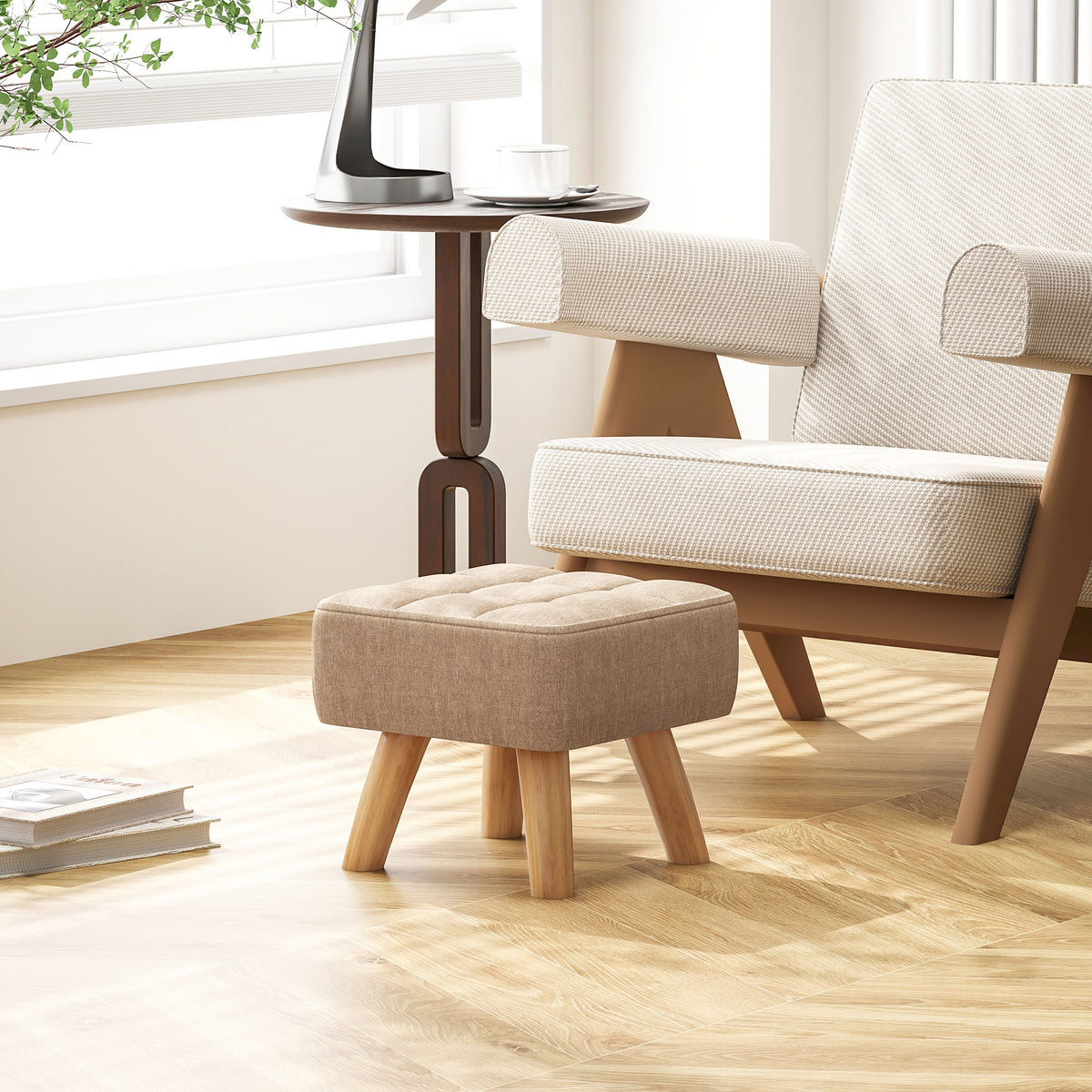 Repose pied salon ottoman siège rembourré en tissu avec pieds en bois 27 x 27 x 26 cm marron clair