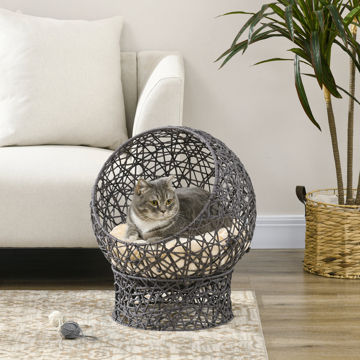 Cuccia per gatti letto rialzato gatto accogliente nicchia grotta 50 x 50 x 60 cm cuscino morbido crema incluso, corda in poliestere viola