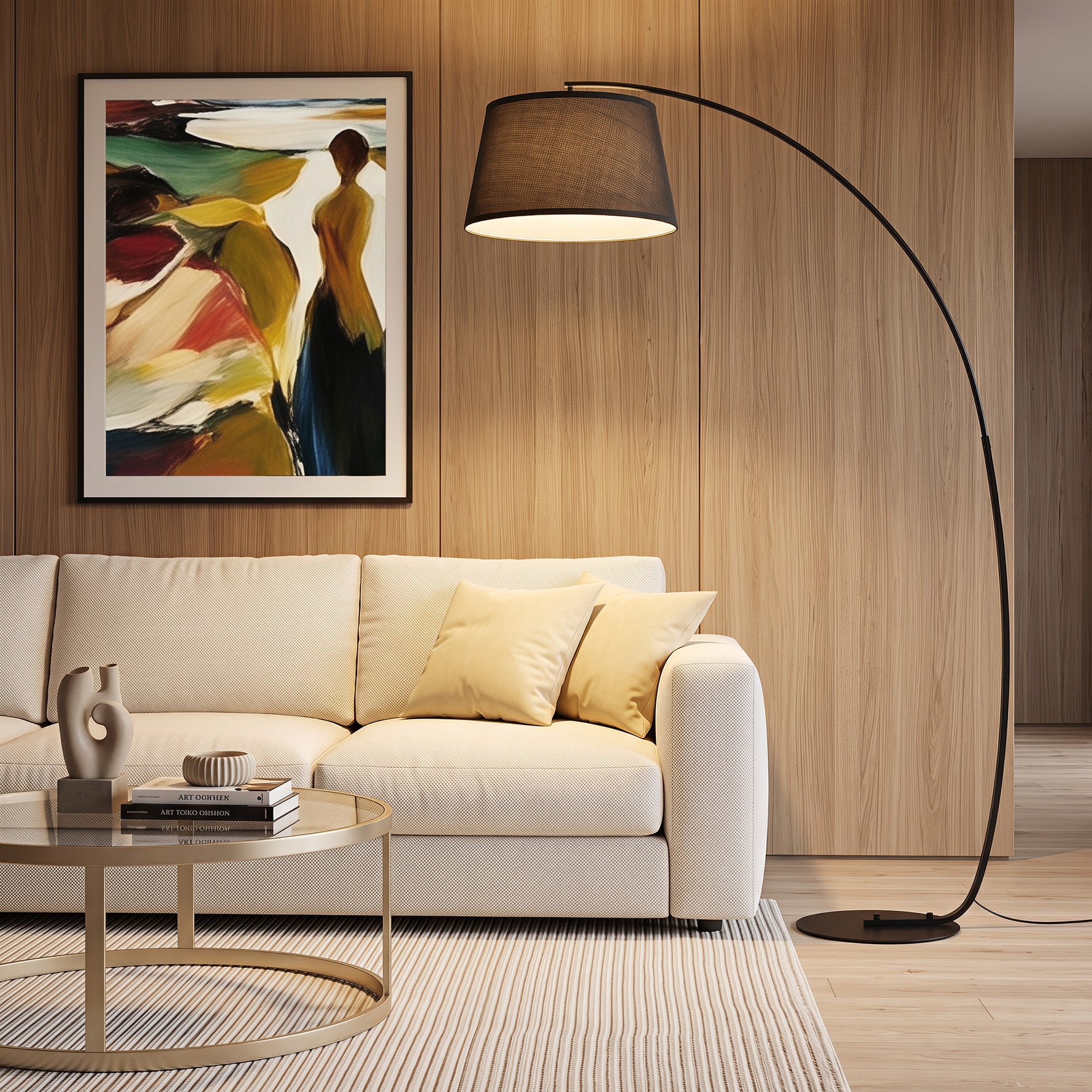Lampe Lampadaire à Arc Salon Courbée - Lampe Arceau Moderne en Métal - Lampadaire sur Pied, Métal et Lin, Noir