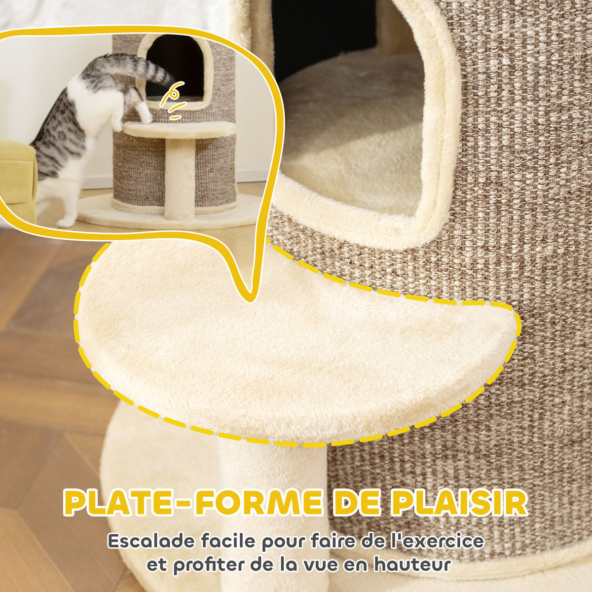 Tonneau à gratter tour à griffer pour chat 2 niveaux avec plate-forme parfait pour griffes & jeu 60 x 60 x 61 cm beige