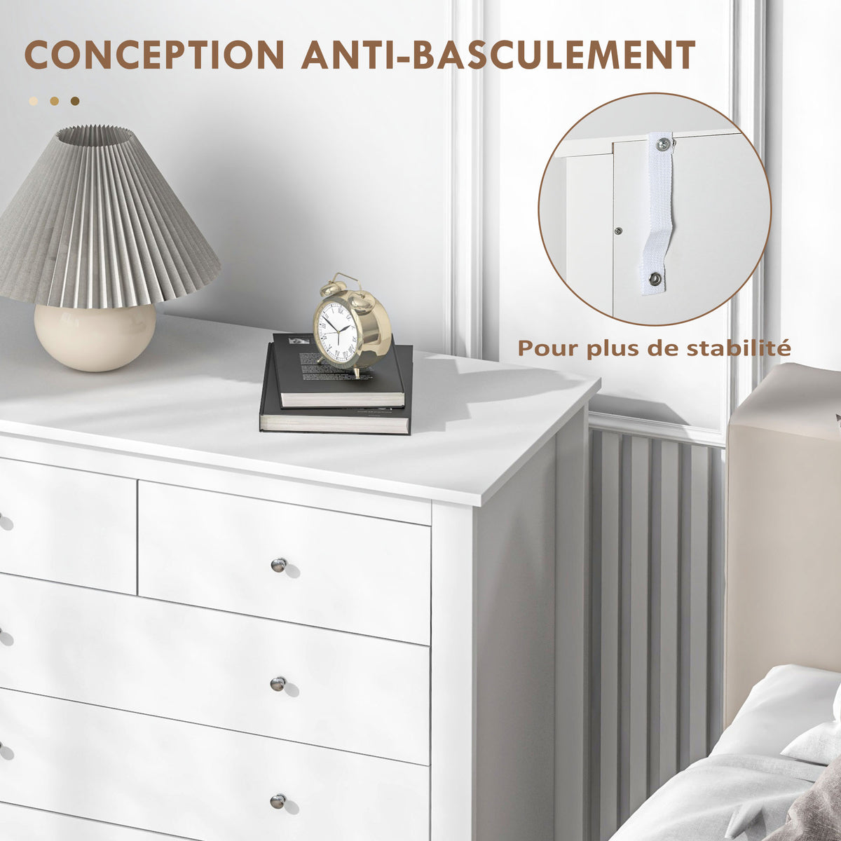 Commode à 5 tiroirs, meuble de rangement, avec poignées, glissières métalliques,  en bois, 79l x 39,5P x 80,5H cm, blanc