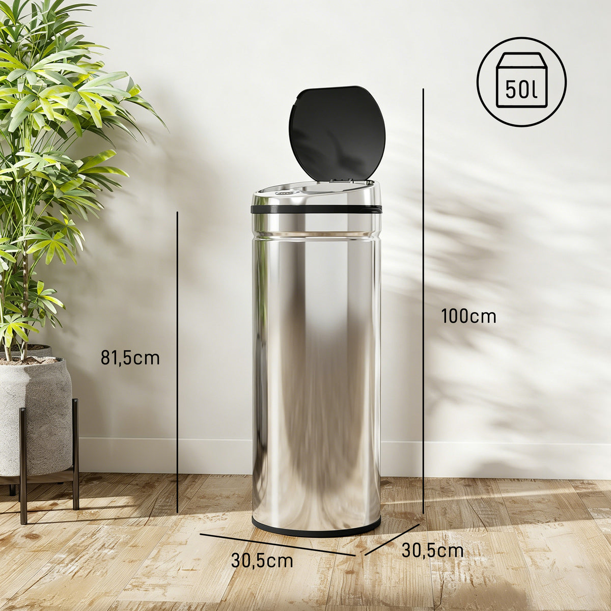 Poubelle à capteur de mouvement ouverture automatique 50 L en acier inoxydable noir et argent