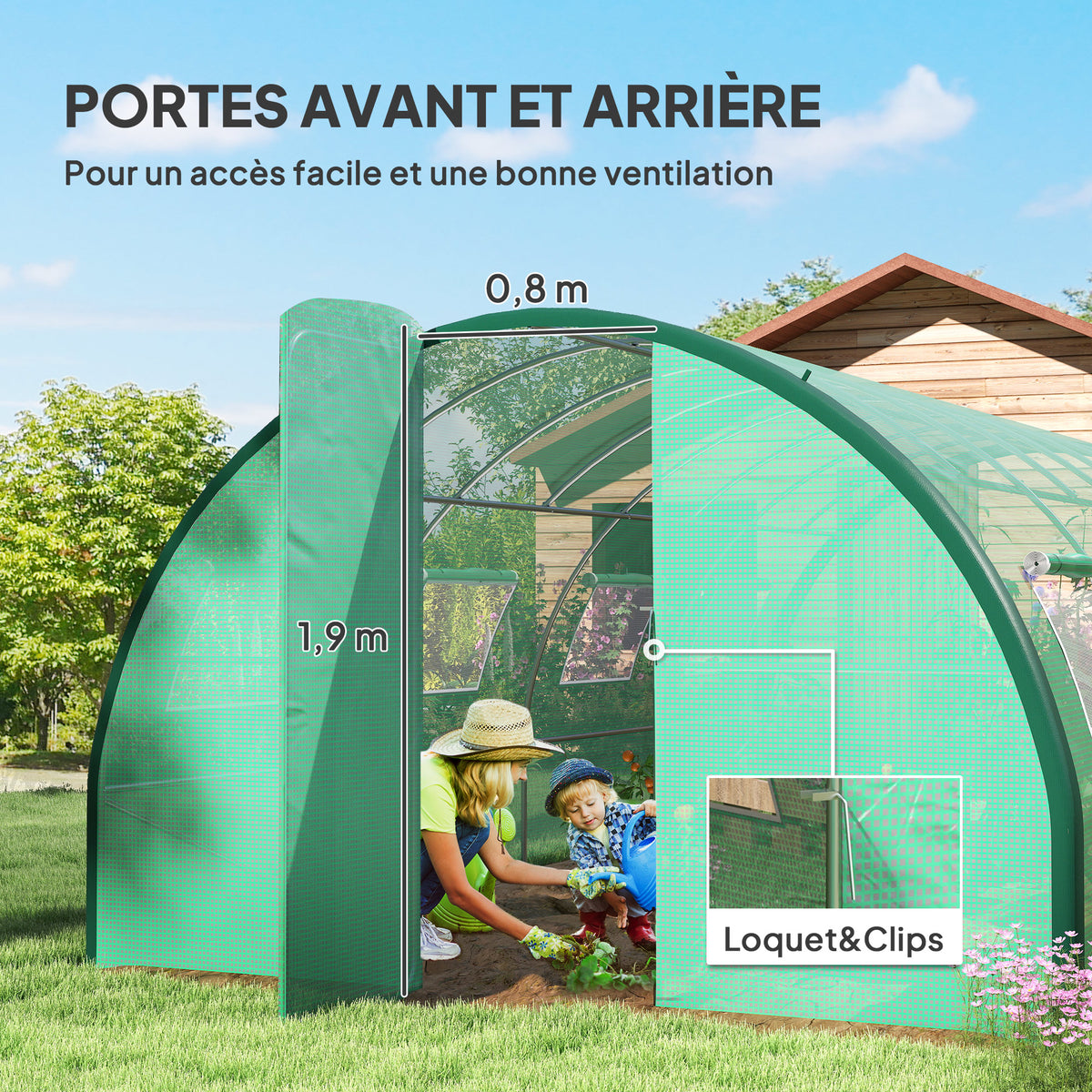 Serre de jardin tunnel serres tunnel 18 m² 8 fenêtres 2 portes articulées toile PE structure en fer galvanisé vert