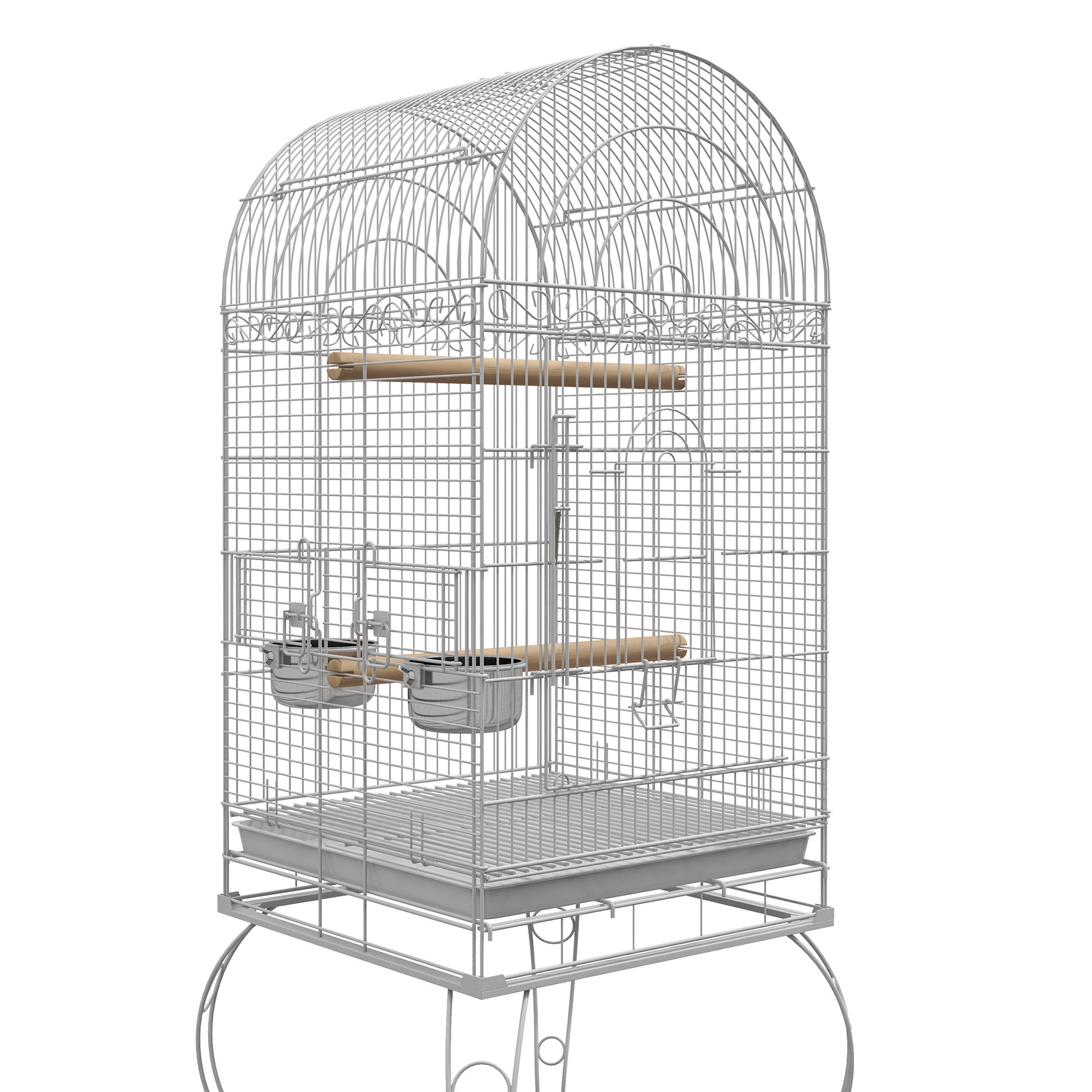 Cage à oiseaux sur roulettes avec étagère plateau amovible 2 bols perchoir acier inoxydable 51 x 51 x 153 cm blanc