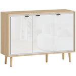 Buffet à haute brillance, meuble de rangement avec 3 portes, étagères réglables, 107 x 35 x 77 cm, blanc et chêne