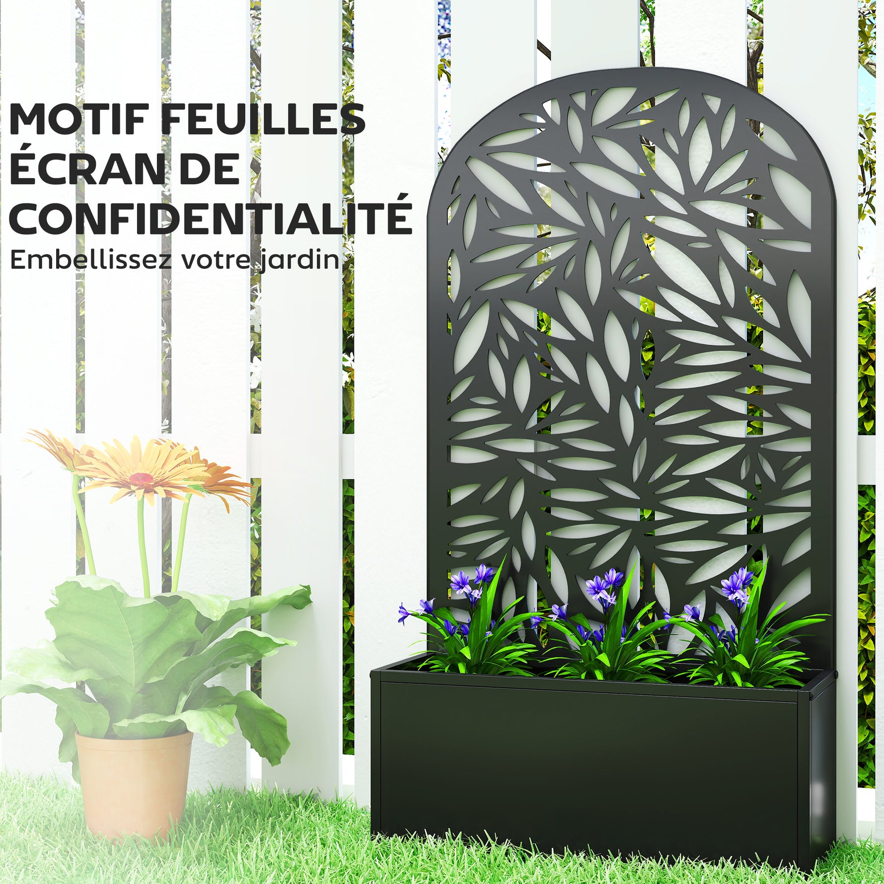 Jardinière avec treillis, bac à fleurs en métal, à fixer au mur ou au sol, 61x23x113cm, noir