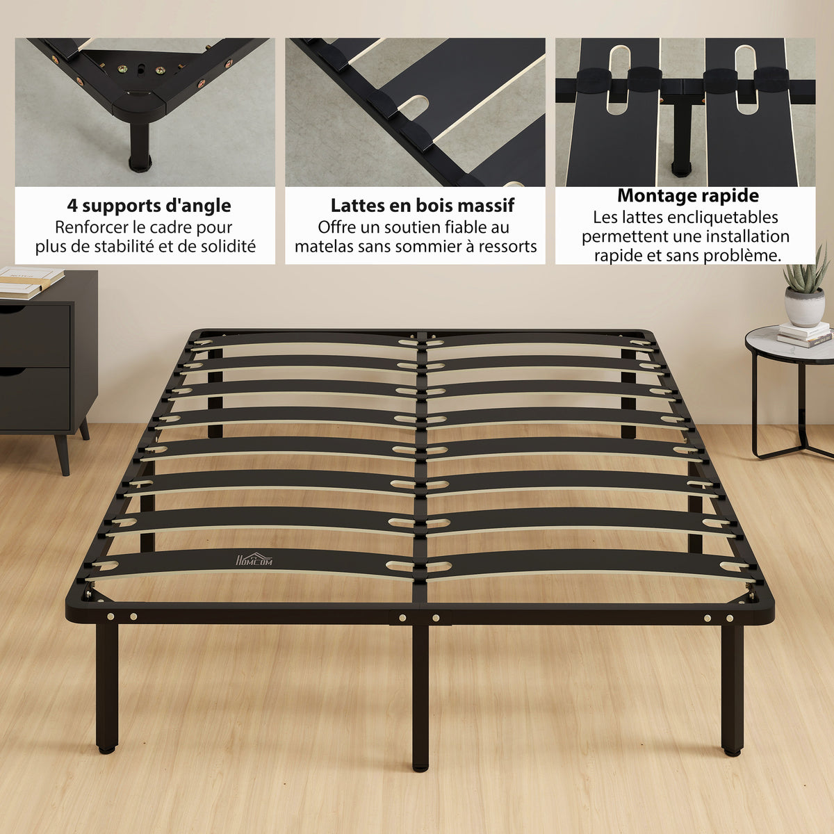 Estructura de cama de 140 x 190 cm, cama matrimonial con somier de láminas de madera maciza y piecero, con almacenamiento debajo, color negro