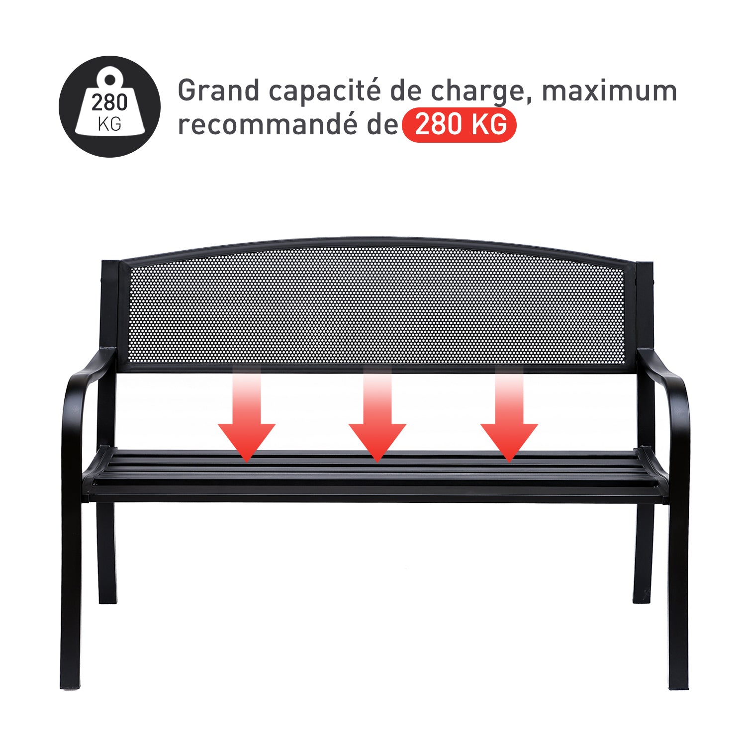 Panchina da giardino 3 posti per terrazza stile contemporaneo 127L x 60P x 87A cm in metallo epossidico anticorrosione nero