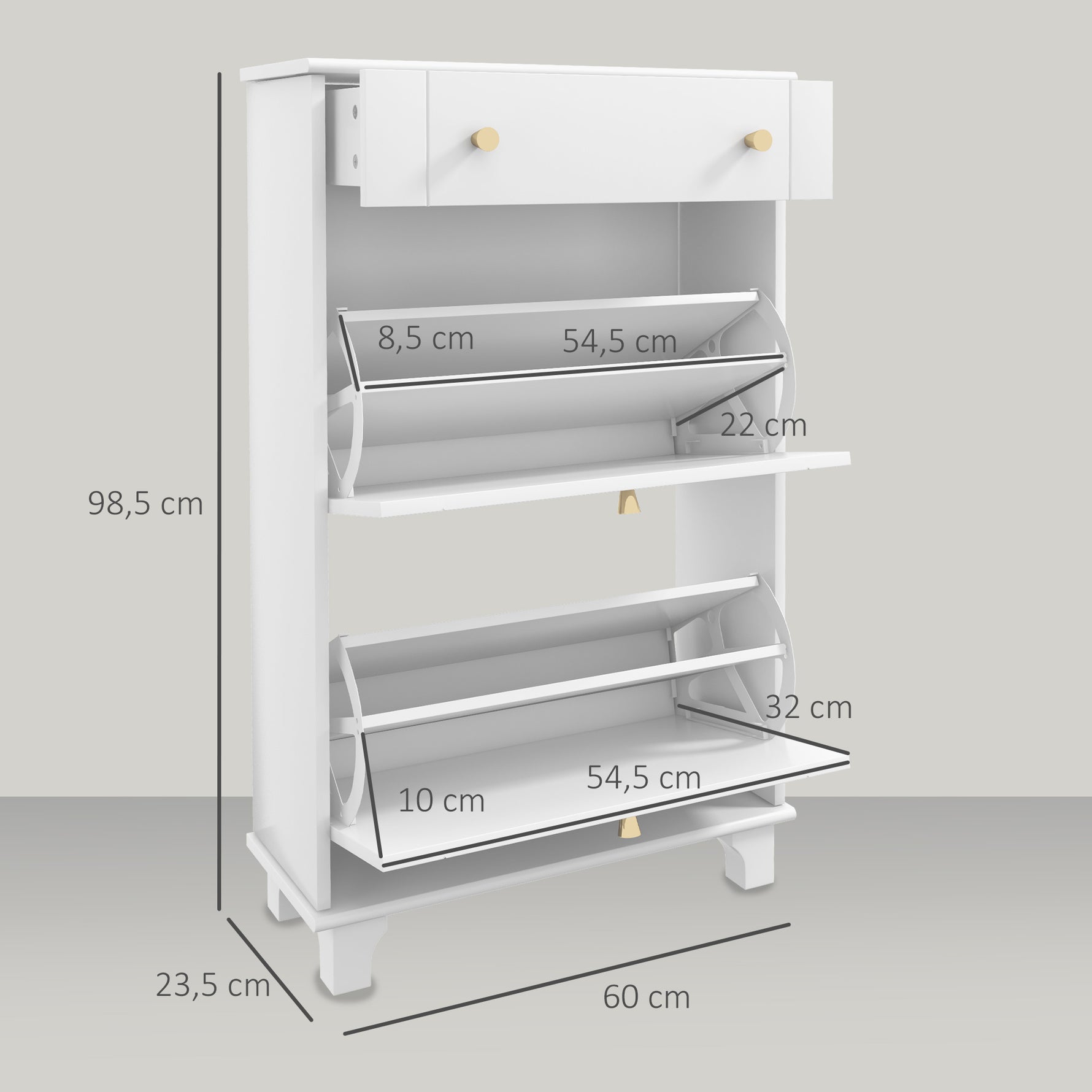 Meuble chaussure entrée étroit avec tiroirs à portes abattants et étagère réglable, 60 x 23,5 x 98,5 cm, blanc