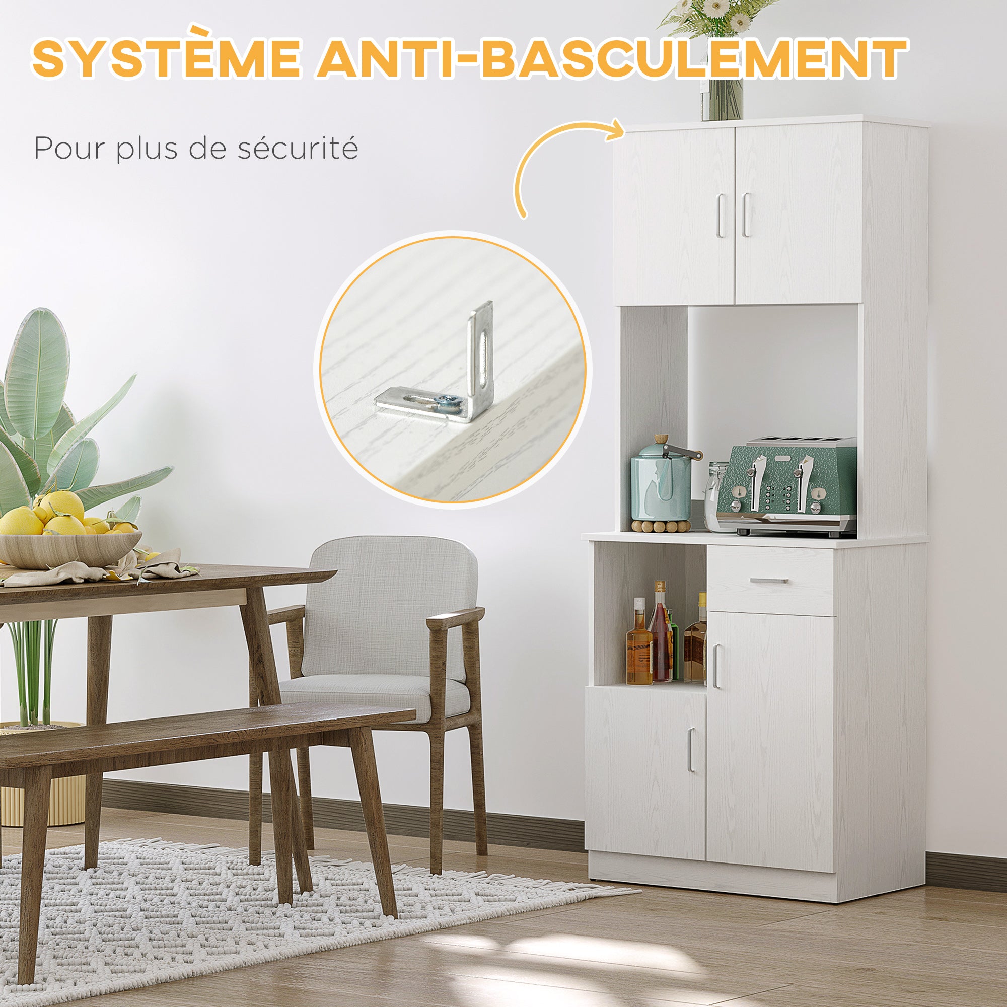 Aparador de cocina, armario de cocina multiusos con 4 puertas, 1 cajón, estante y superficie grande, color blanco