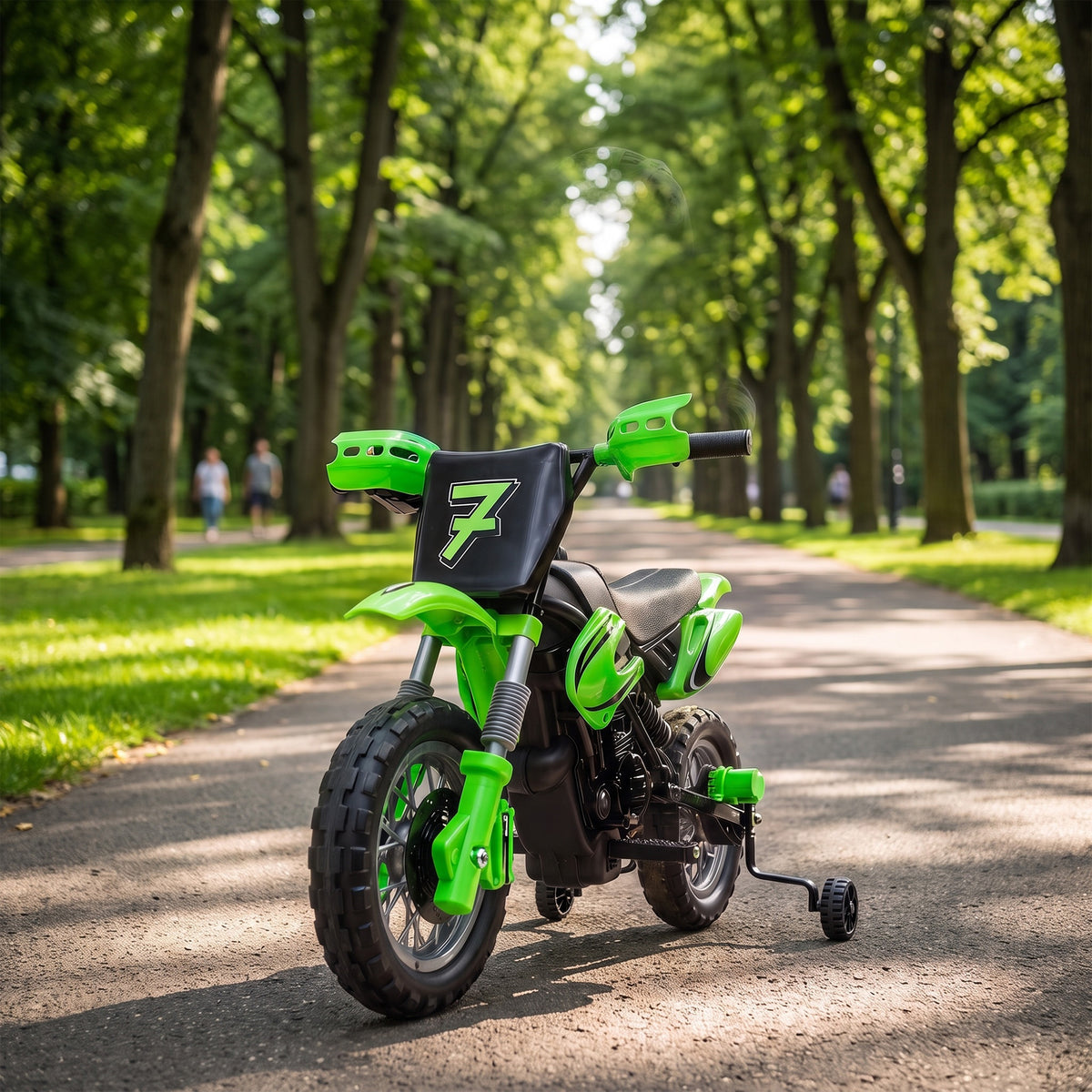 Elektro-Motorrad für Kinder 12 V, Höchstgeschwindigkeit 3 km/h, Lithium-Batterie, Doppelmotor, Hinterradfederung, Grün