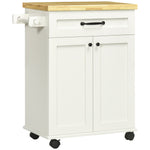 Desserte de cuisine à roulettes multi-rangements 1 tiroir 1 placard 1 portes-torchons blanc et plateau en bois