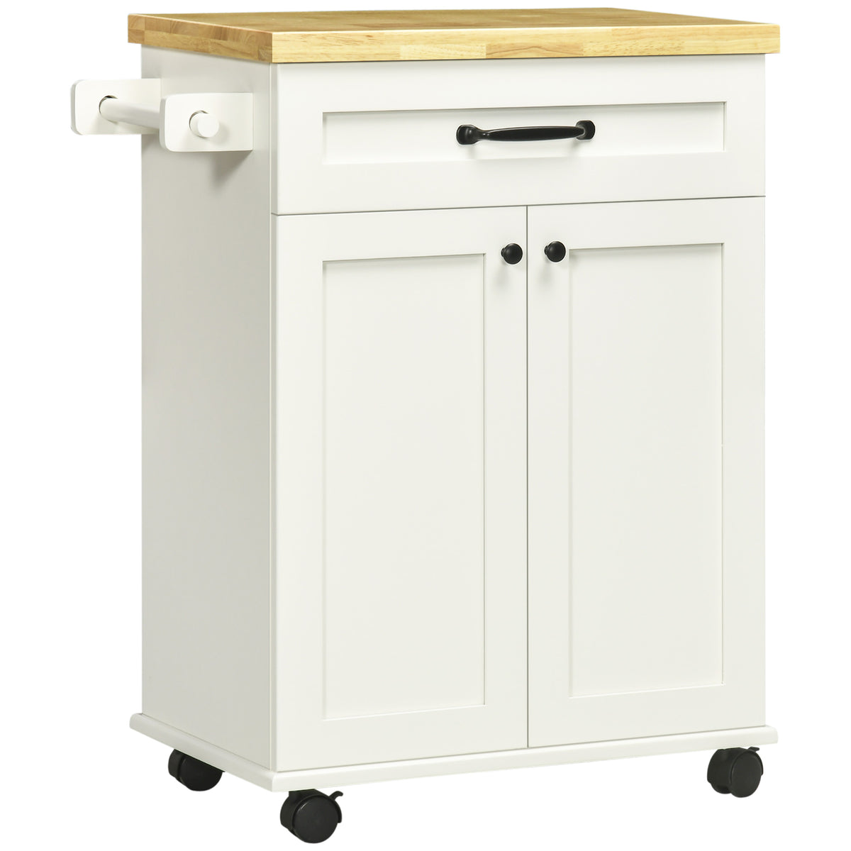 Desserte de cuisine à roulettes multi-rangements 1 tiroir 1 placard 1 portes-torchons blanc et plateau en bois