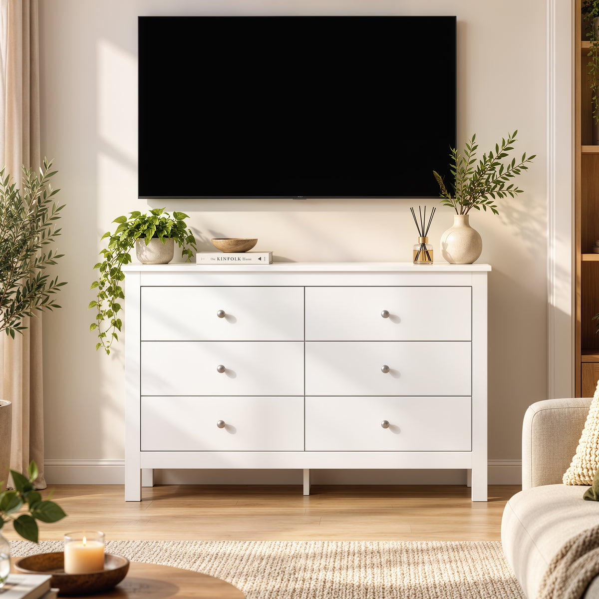 Comò a 6 cassetti, mobile contenitore con guide scorrevoli, cassettiera, stile moderno, 118 x 39,5 x 75,5 cm, bianco
