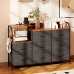 Commode, meuble de rangement avec station de recharge, 8 tiroirs en tissu, étagère ouverte, 130,5x30x88cm, marron