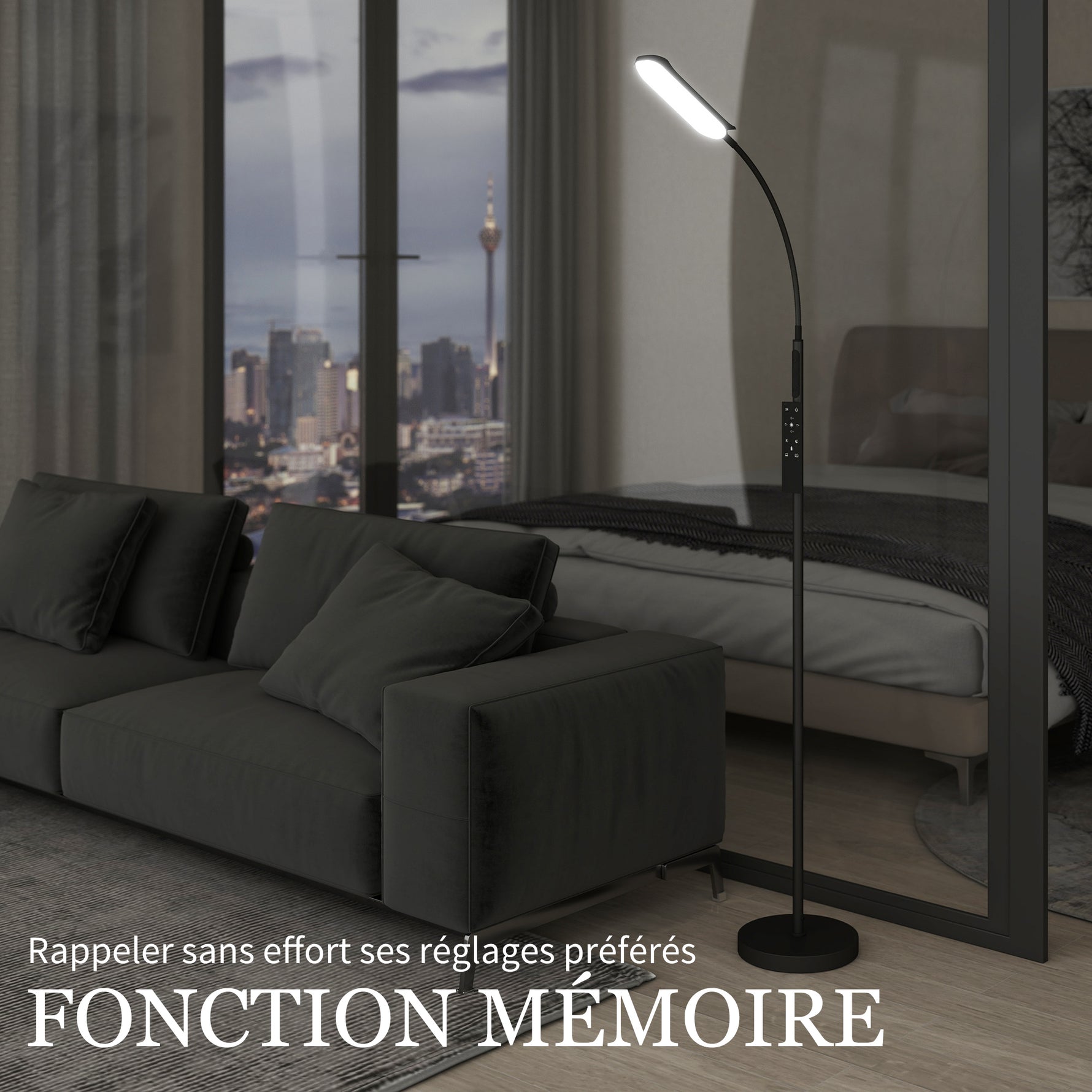 Lampadaire sur pied de salon avec télécommande, contrôle tactile, température couleur et luminosité réglables, noir