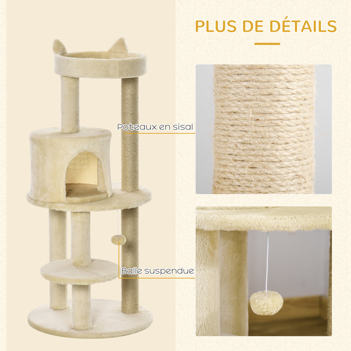 Arbre à chats multi-équipements griffoirs grattoirs plateformes niche jeu boule suspendue Ø 48 x 104H cm crème