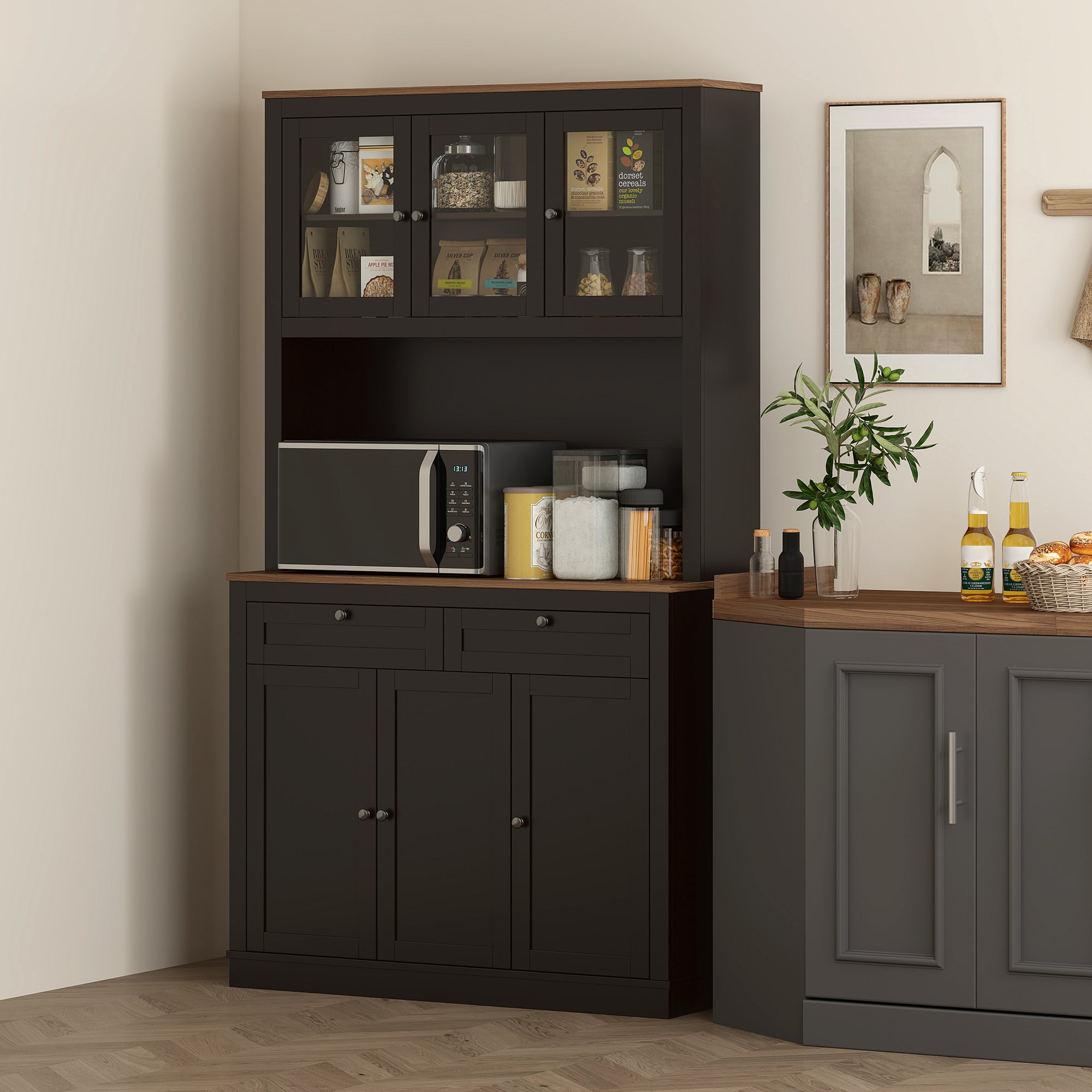 Alacena de cocina alta, armario de cocina, 6 puertas, 2 cajones, encimera, estantes ajustables, 100x40x180cm, negro