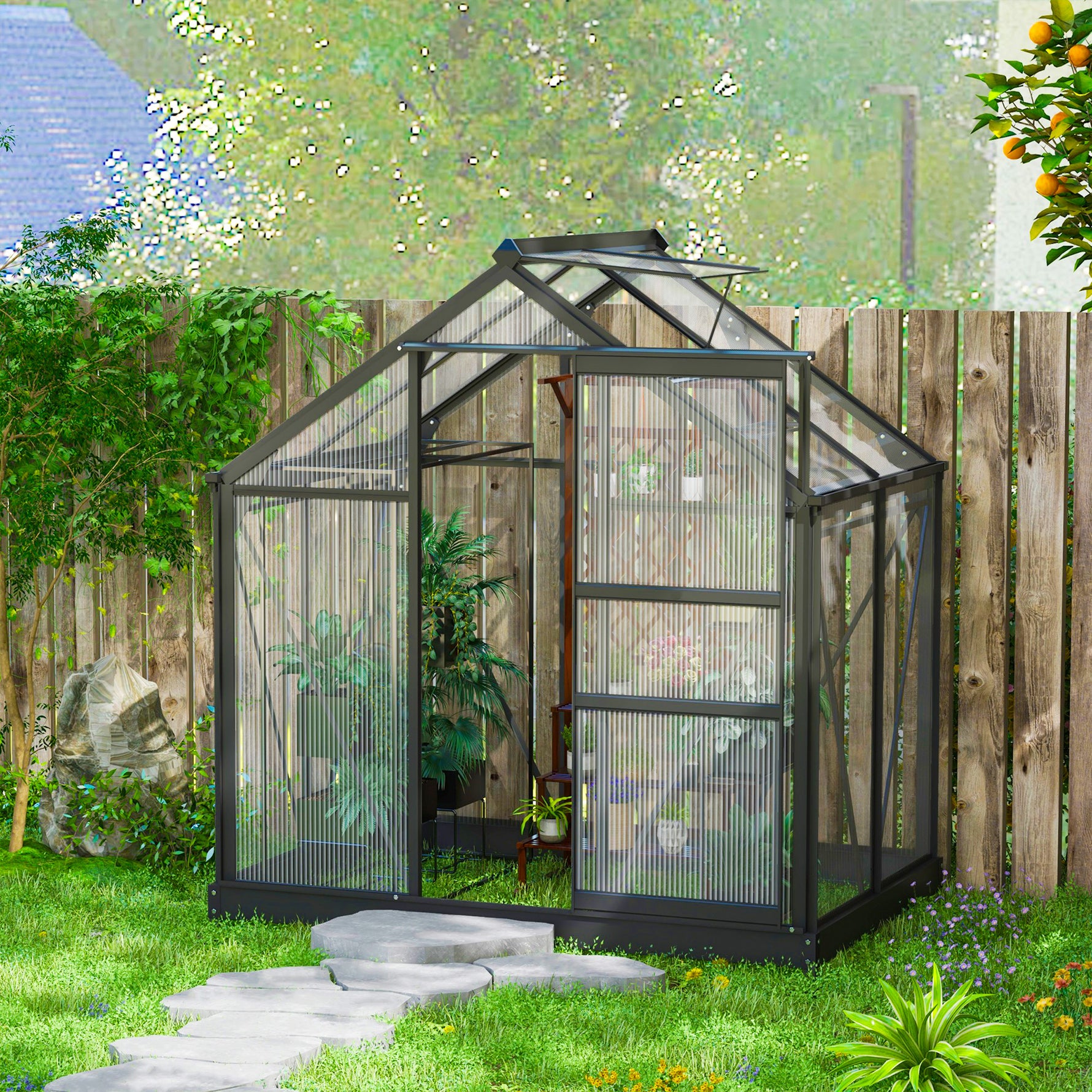 Serre de jardin polycarbonate 190 x 132 x 201 cm résistant aux UV 30+ fondation renforcé gouttière gris