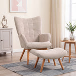 Fauteuil avec repose pied, dossier haut, pieds en bois et tissu aspect velours côtelé, pour salon chambre à coucher beige