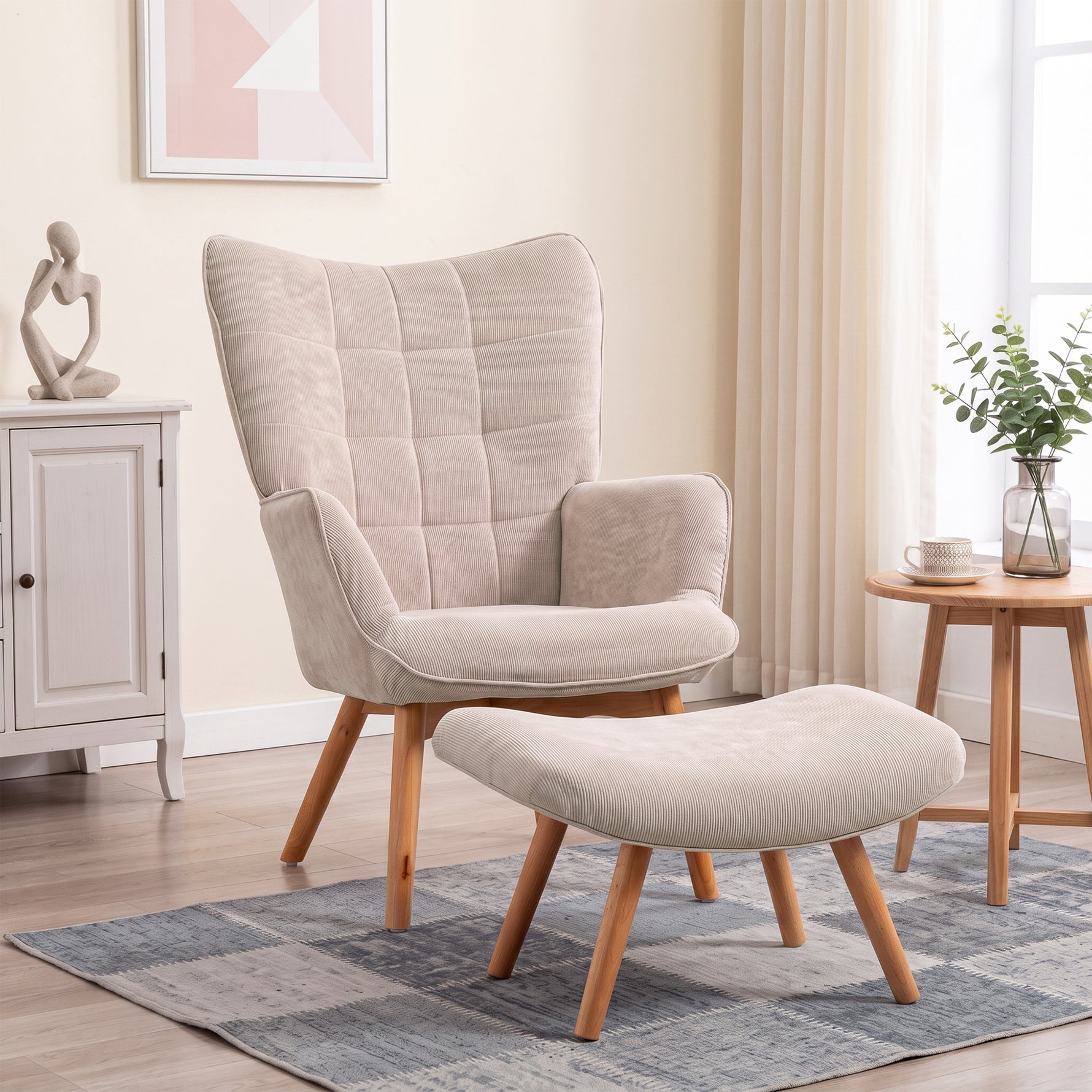 Fauteuil avec repose pied, dossier haut, pieds en bois et tissu aspect velours côtelé, pour salon chambre à coucher beige