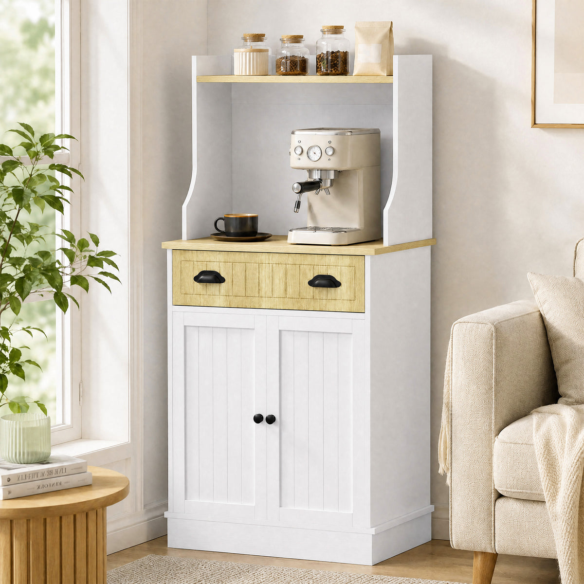 Kitchen microwave cabinet with open space, 1 drawer and 2-door cupboard, 61 x 35 x 125.4 cm, oak
