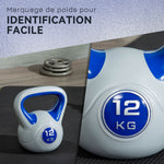Kettlebell 12 kg, haltère avec poignée ergonomique, haltère à boule, musculation, entraînement, 24 x 17 x 28 cm, bleu