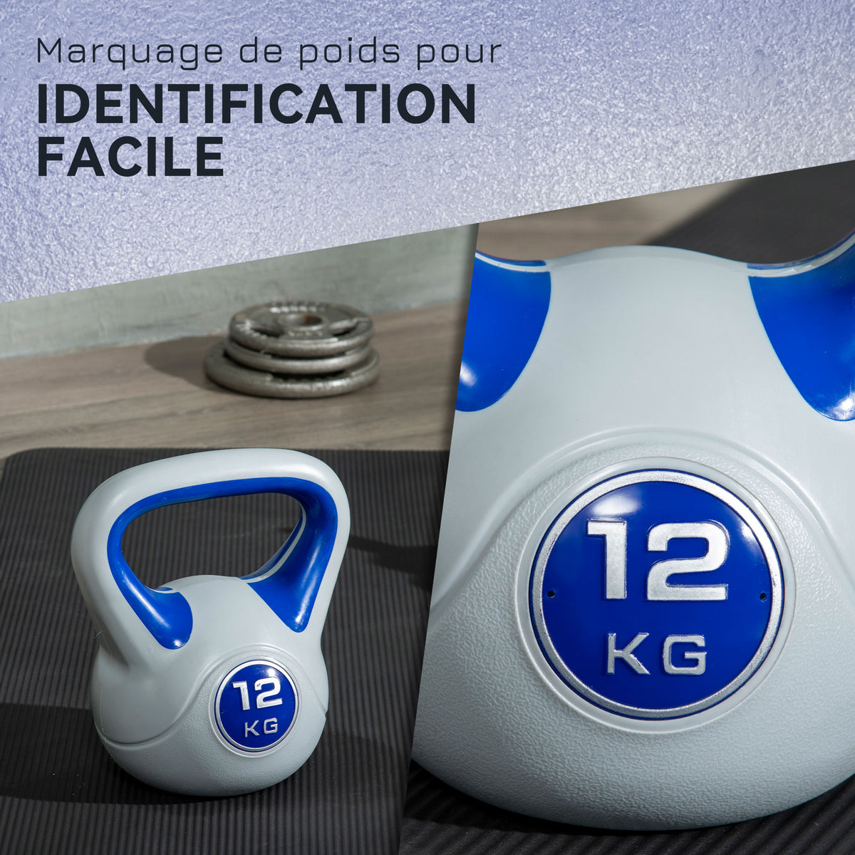 Kettlebell 12 kg, haltère avec poignée ergonomique, haltère à boule, musculation, entraînement, 24 x 17 x 28 cm, bleu