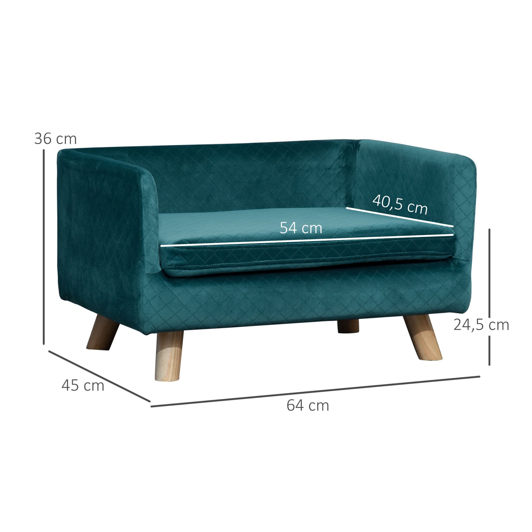 Canapé chien lit pour chien design scandinave coussin moelleux pieds bois massif dim. 64 x 45 x 36 cm velours bleu canard