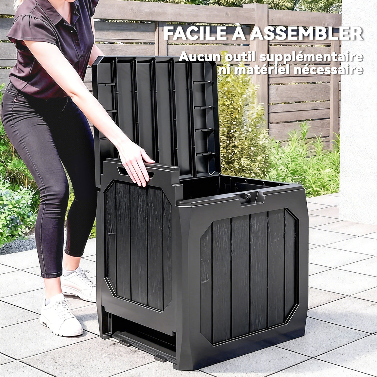 Coffre de rangement exterieur 121L, coffre de jardin avec poignées, conteneur étanche, 56 x 45 x 53 cm, noir
