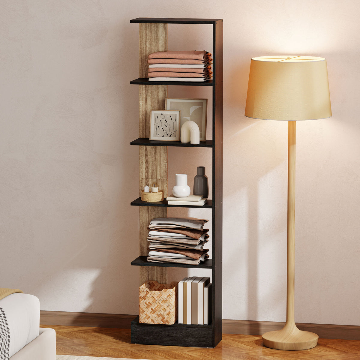 Bibliothèque Étagère de Rangement avec 5 Compartiments Ouverts 45 x 21 x 170 cm Noir et Chêne