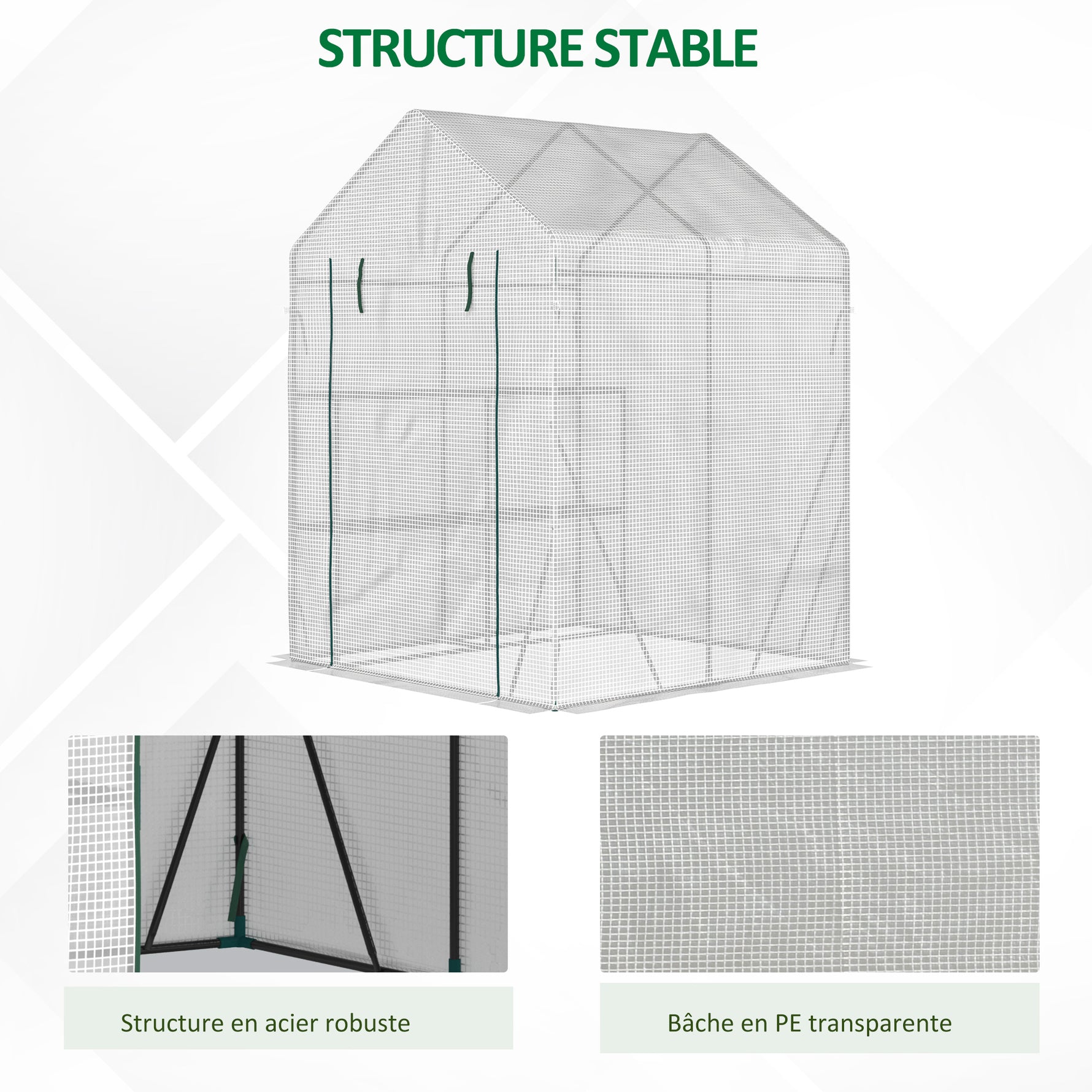 Serre de jardin PE avec étagères 2 niveaux, serre de balcon, bâche renforcée 140 g/m², châssis en acier, porte zippée enroulable, pour légumes plantes fleurs, 143x143x195cm, blanc