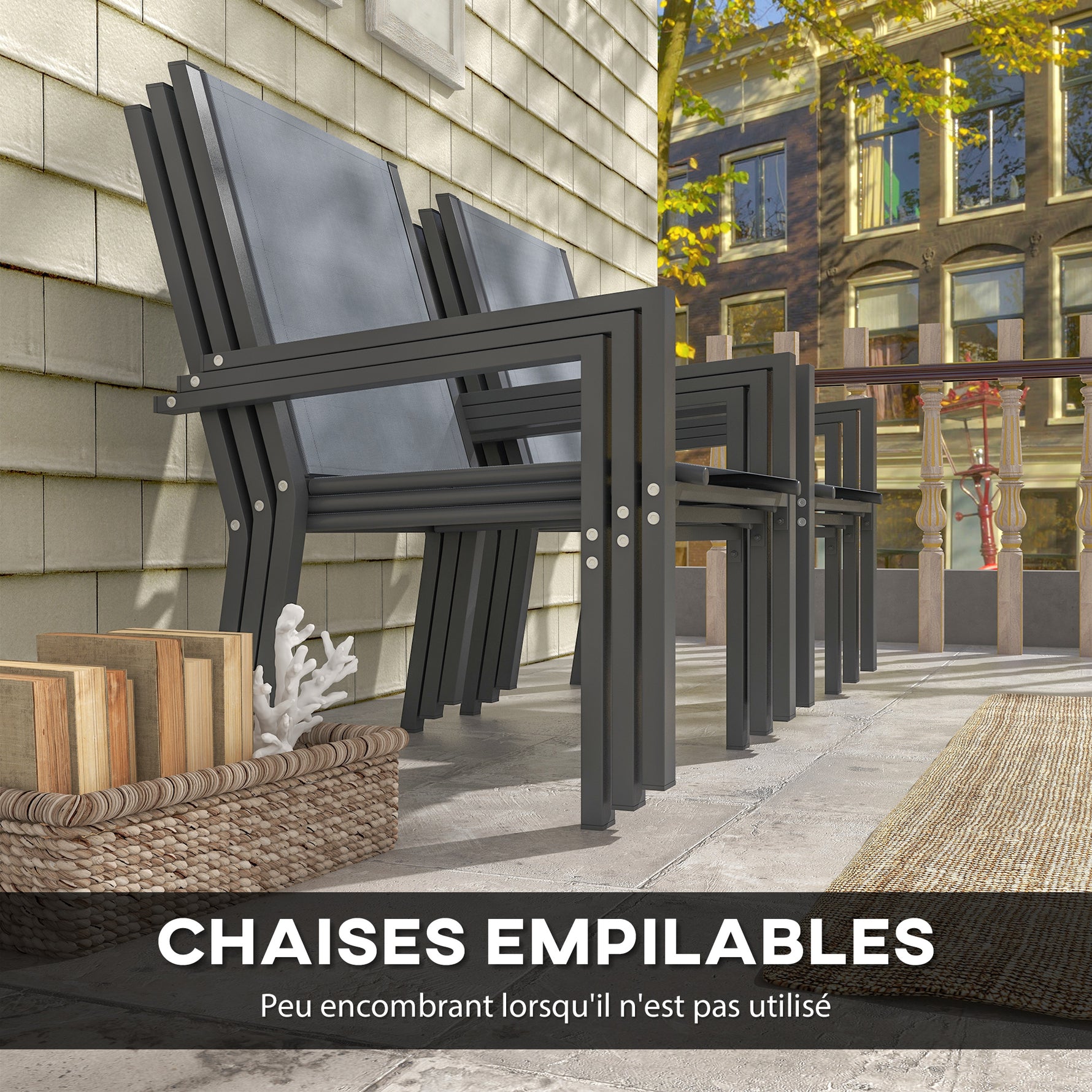 Ensemble de salle à manger de jardin pour 6 personnes salon de jardin extérieur cadres en acier chaises empilables gris