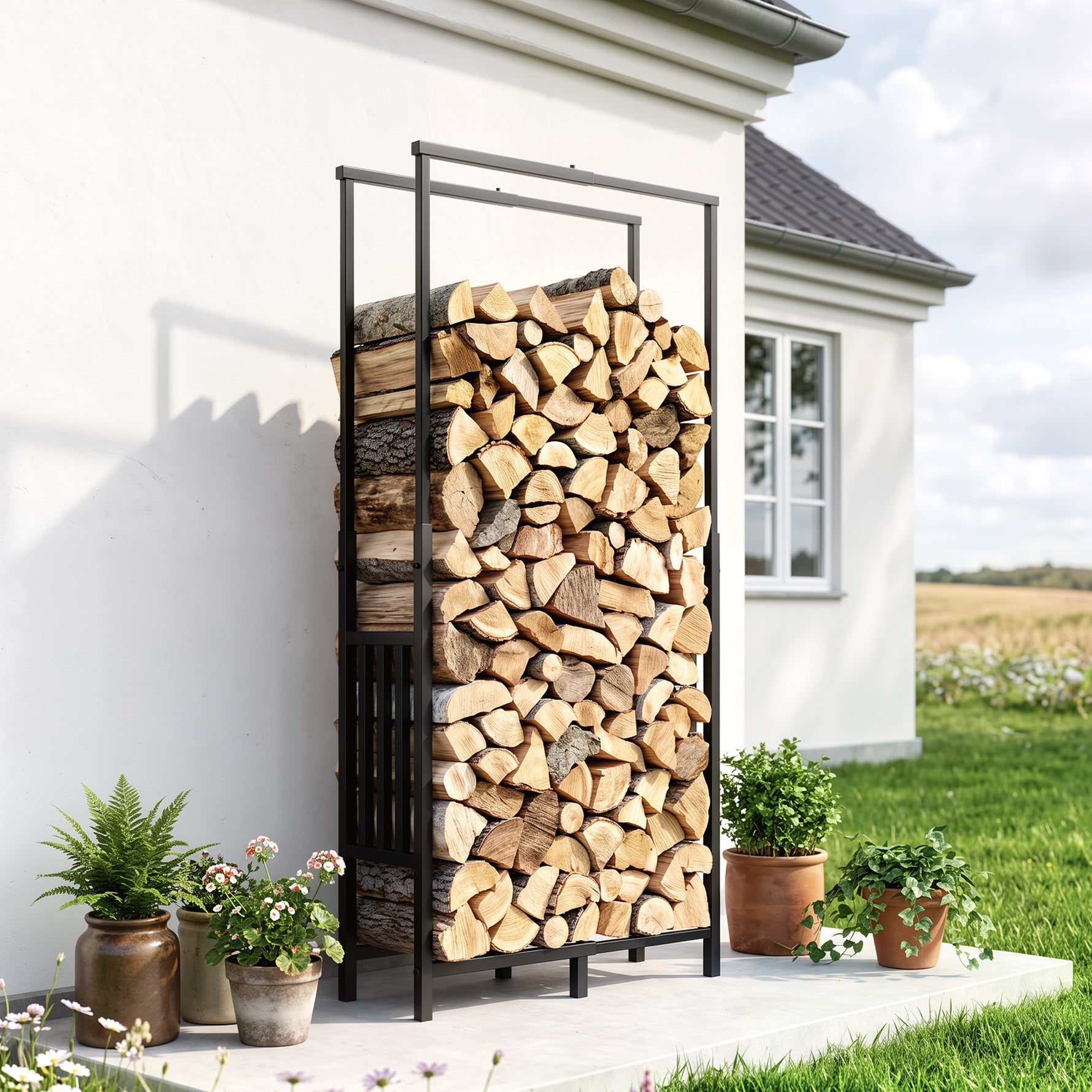 Range Bûches en Acier, Largeur & Hauteur Réglables, Étagère pour Bois de Cheminée, Charge 100 kg, 75,5x25x170cm, Noir