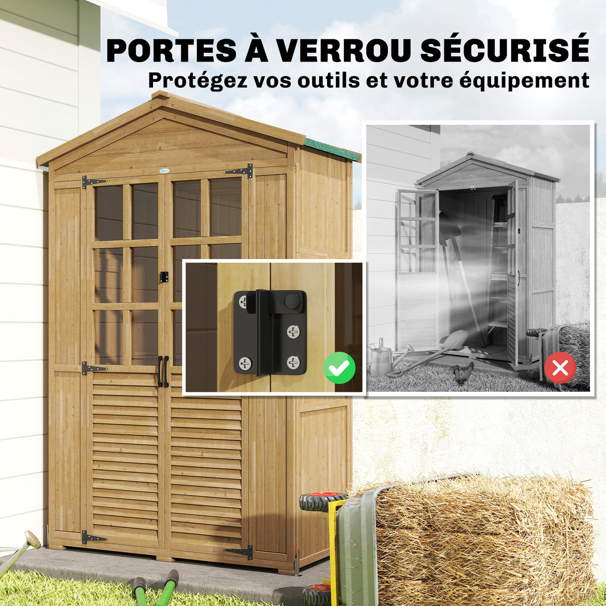 Abri de jardin Armoire de jardin pour outils avec Étagères et Fenêtres en Acrylique, 128 x 57,5 x 197 cm marron clair