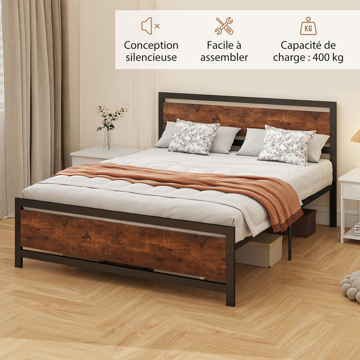 Cadre de lit double 200 x 160 cm en acier avec sommier et tête de lit compatible matelas aspect bois foncé