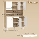 Buffet haut cuisine, armoire de cuisine, 6 portes, tiroir et étagères ouvertes, 120x40x175cm, blanc et bois naturel