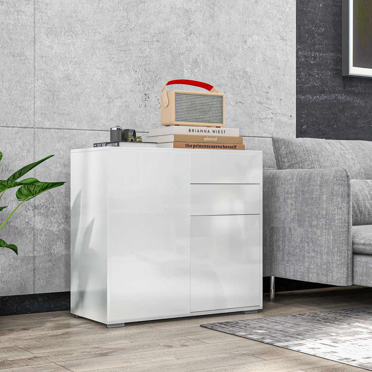Commode Buffet Meuble de Rangement 2 tiroirs 2 Portes avec étagère 79 x 36 x 74 cm Blanc brillant