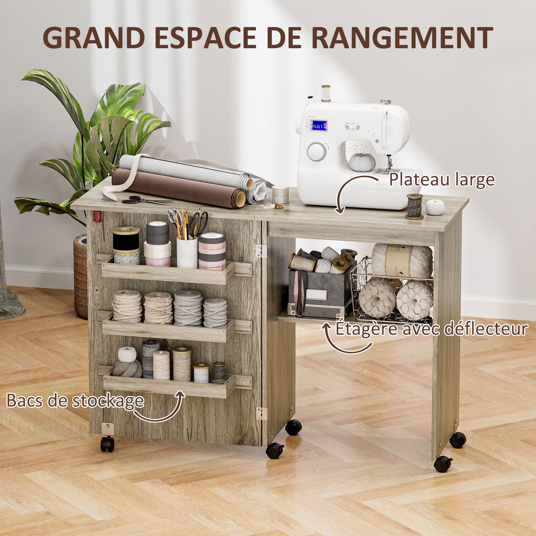 Table de couture pliante meuble couture à abattant avec bacs de rangement, étagère ouverte et roulettes effet bois grisé
