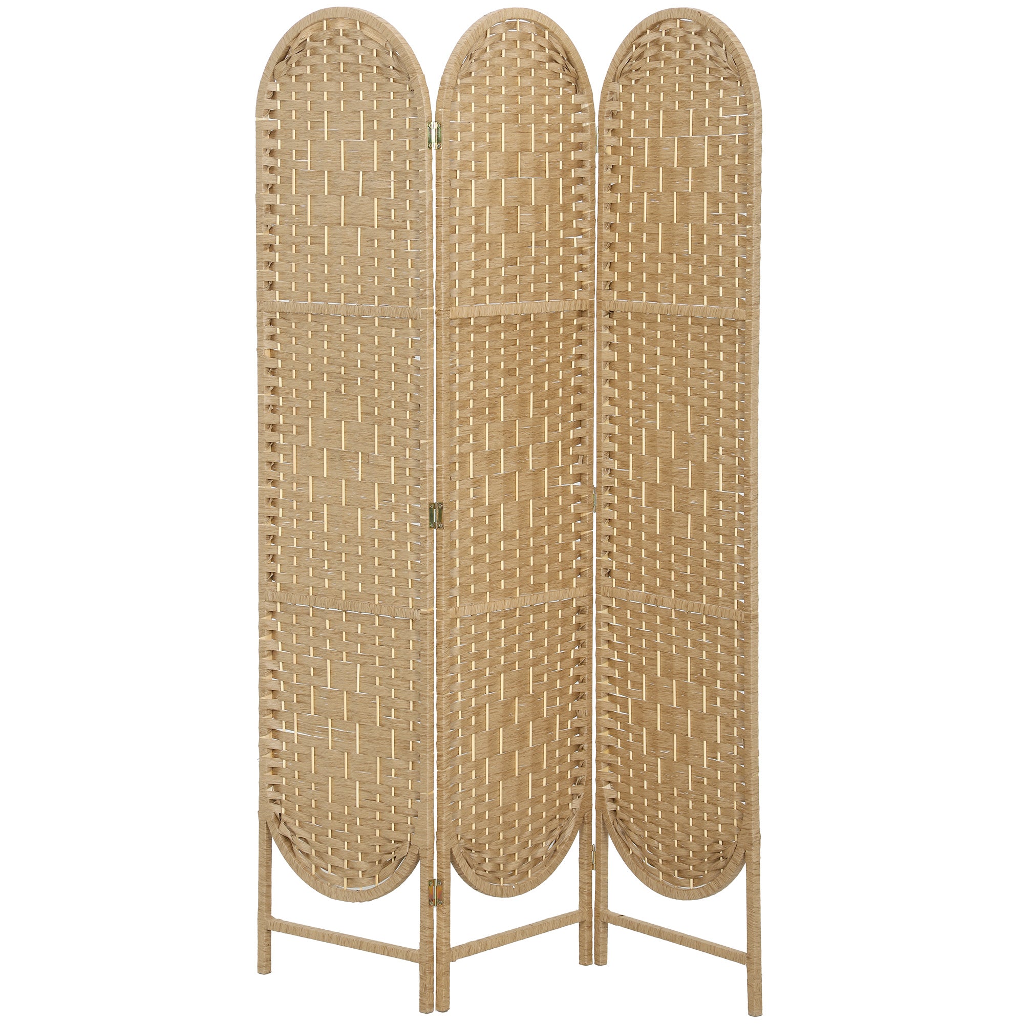 Paravent interieur ovale 3 panneaux 120 x 170 cm séparateur de pièce pliable, léger et tissé, bois naturel