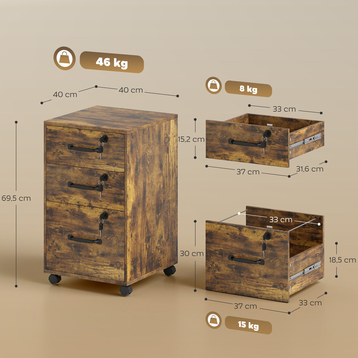 Caisson de Bureau Mobile avec 3 Tiroirs Verrouillables, Caisson de Rangement sur Roulettes, 40 x 40 x 69,5 cm, Marron
