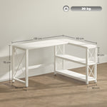 Bureau d'angle modulable réversible, bureau avec rangement, étagère de rangement, cadre en métal, 135x110x75cm, blanc