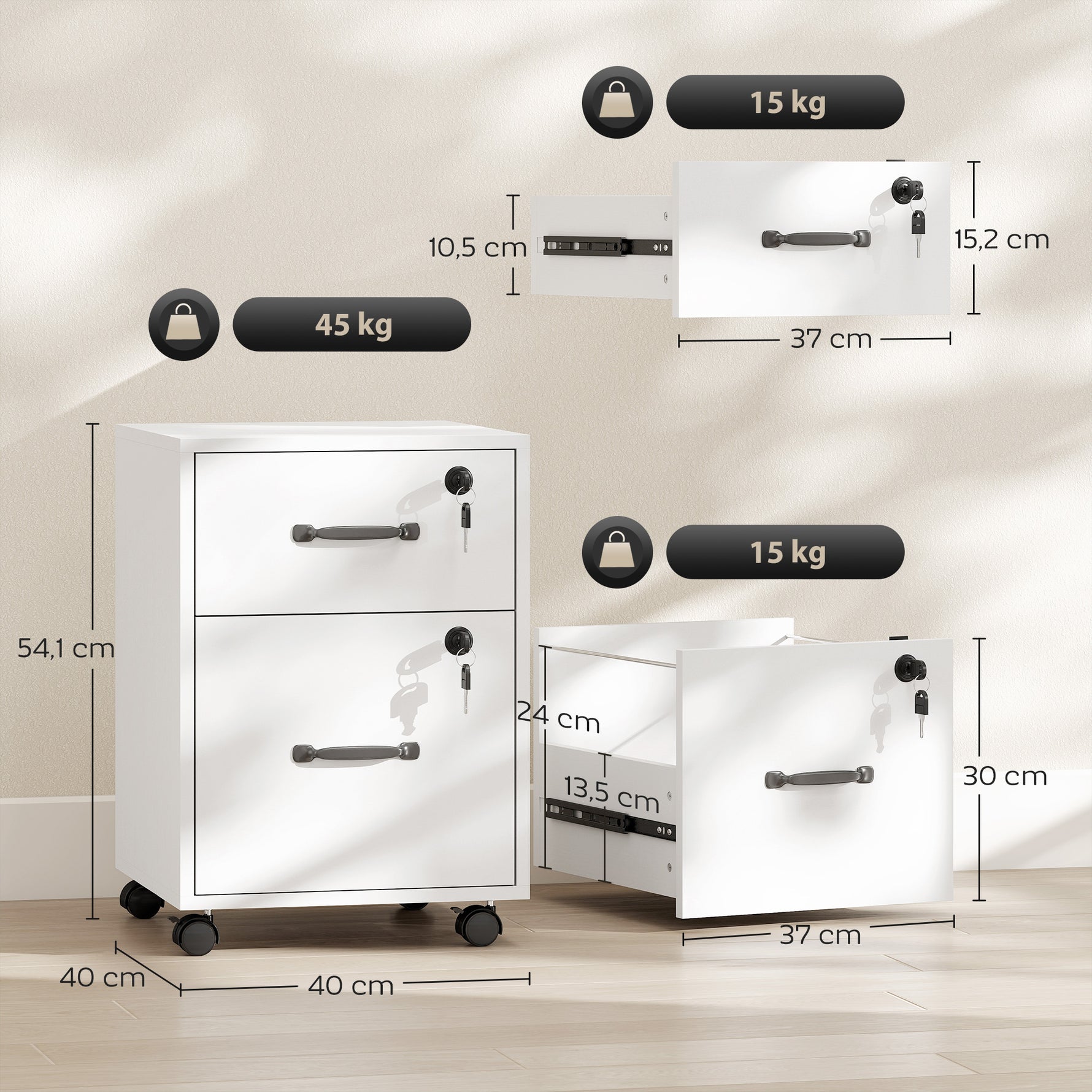 Caisson bureau mobile à 2 tiroirs, meuble rangement bureau sur roulettes pour documents suspendus format lettre, blanc