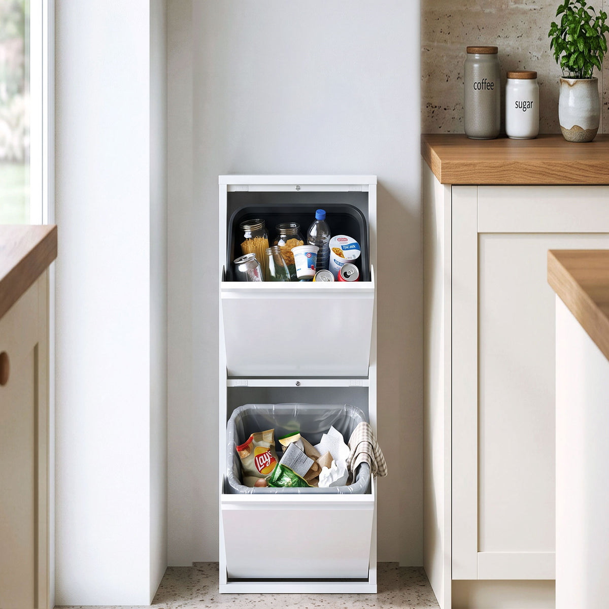 Mueble para Basura de Clasificación Selectiva, Papelera de Reciclaje de 30 L (2 x 15 L) con 2 Compartimentos, Cierre Suave, Blanco