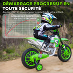 Moto Cross électrique pour Enfant 3 à 5 Ans 12 V 3-8 Km/h avec roulettes latérales Amovibles dim. 106,5L x 51,5l x 68H cm Vert