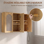 Armoire murale de salle de bain bohème avec 3 portes effet rotin à fermeture douce et étagère réglable, chêne