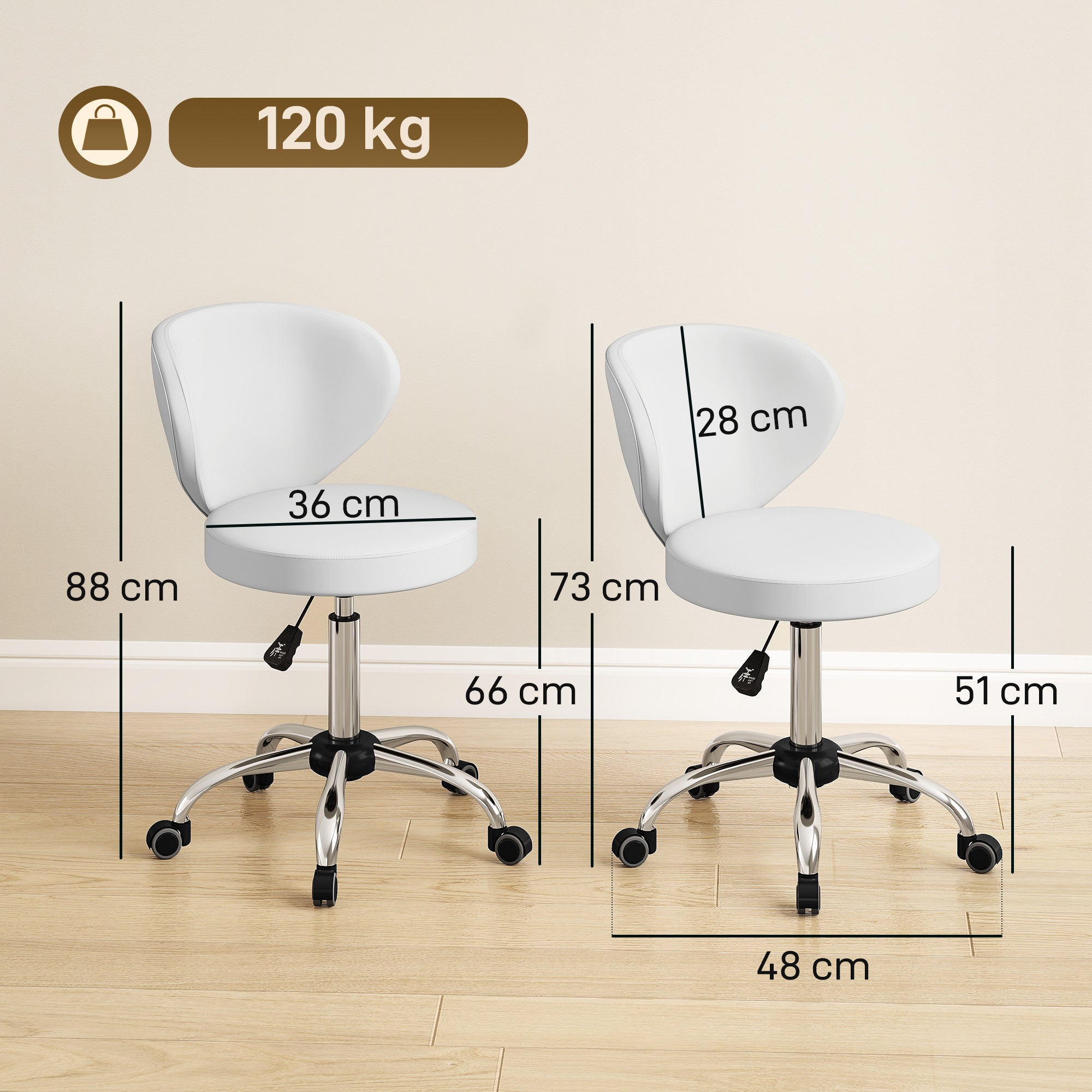 Tabouret à roulettes, tabouret de massage en PU avec hauteur réglable 73-88 cm et dossier, pivotant 360°, blanc