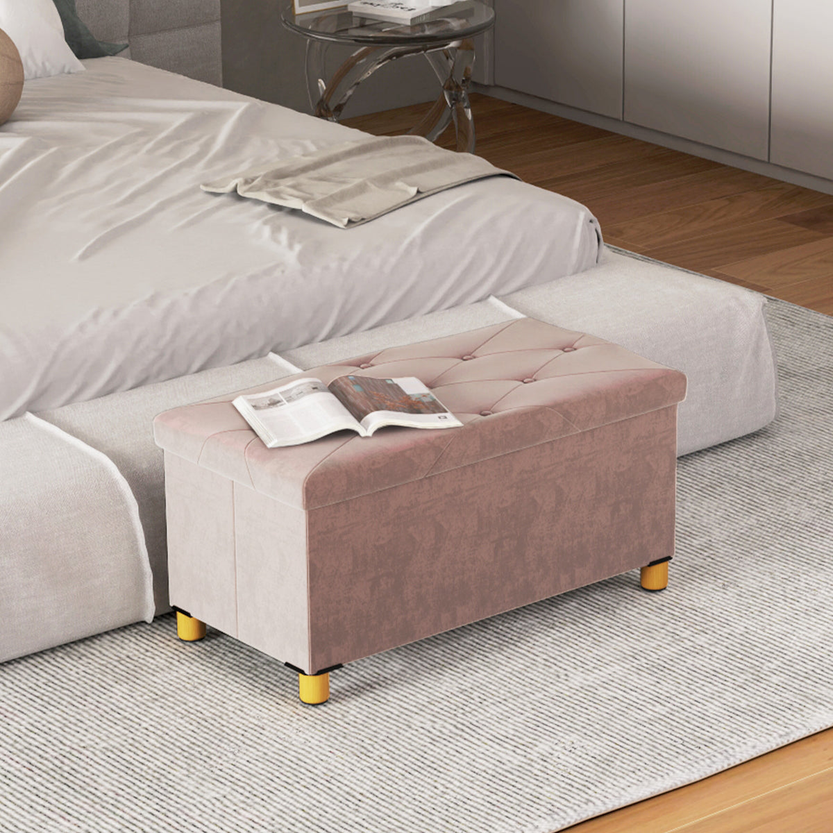 Panca contenitore fondo letto pieghevole volume 67 L capacità di carico 120 kg con coperchio 76L x 38P x 38A cm rosa