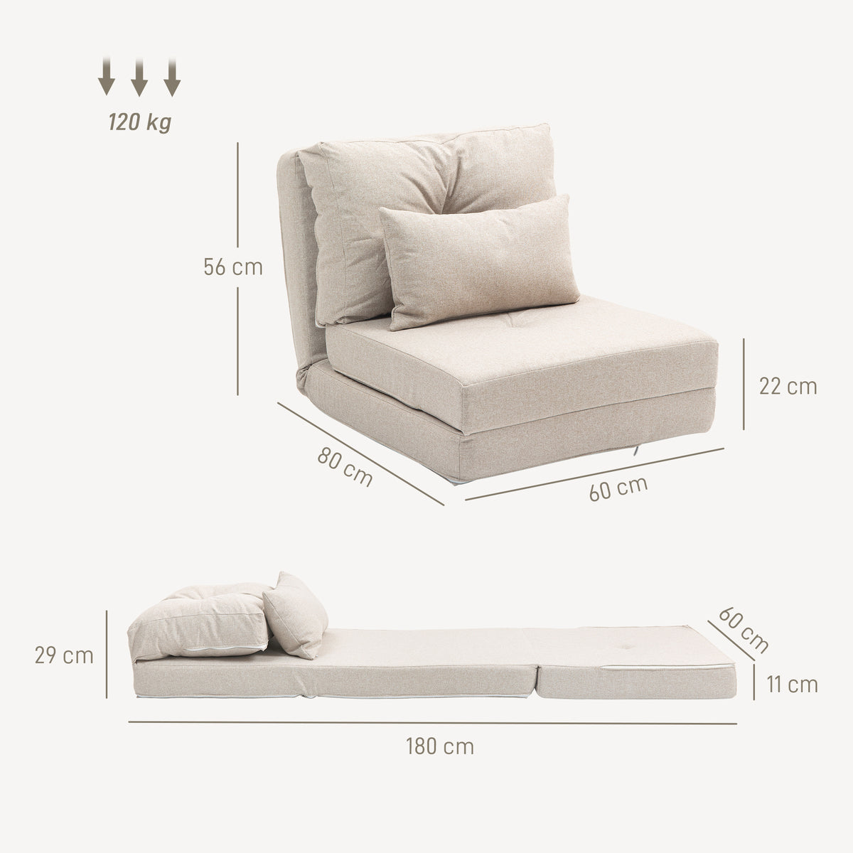 Chauffeuse canapé-lit convertible fauteuil 1 place avec 1 coussin avec dossier réglable, beige