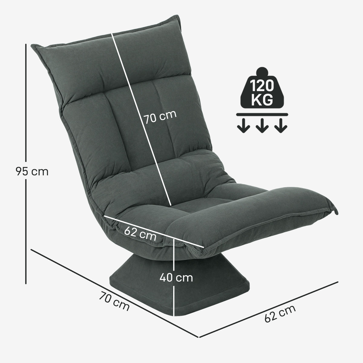 360° swivel floor chair, foldable velvet armchair with 5-position adjustable backrest, 70x62x95cm, dark gray